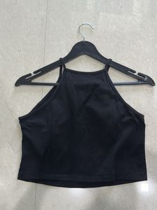 Black floral embroidered halter top
