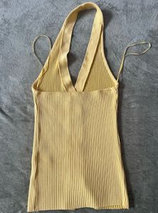 ZARA Yellow Ribbed Halter Backless Top