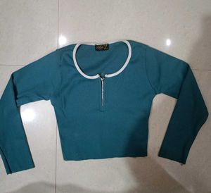 Teal Quarter Zip Long Sleeve Crop Top