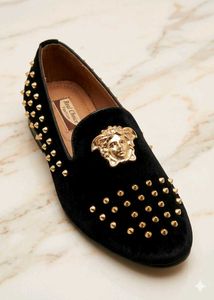 Black velvet studded loafers with gold medusa Embl