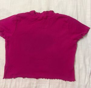 Hot Pink Lettuce Trim Mock Neck Top