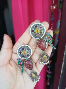 Brass handcraved stone Peacock earring