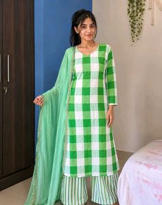 Green Checkered Kurta tauser with dupatta