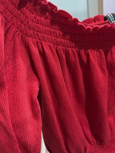 Red Off-Shoulder Smocked Crop Top