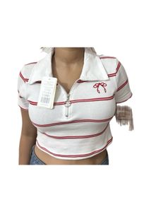 White Striped Zip Polo Crop Top (S)