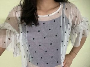 Sheer Polka Dot Top with Ruffle Sleeves