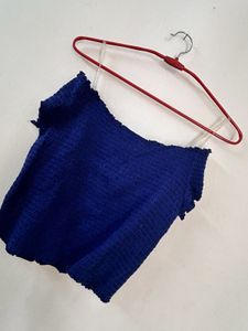 Blue Off-Shoulder Smocked Crop Top