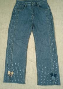 High-Waist Wide-Leg Jeans Pearl &amp; Bow Detailing