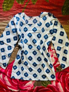 White Kurta with Blue Geometric Print