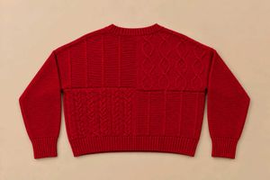 RED PATCHWORK CABLE KNIT SWEATER