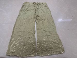 Festive Olive Green Wide-Leg Trousers with Gold Ch