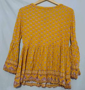 Yellow Printed Peplum Kurti with Bell Sleeves