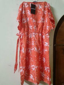Coral Wrap Dress with White Floral Print