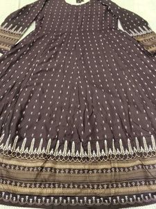 Elegant Dark Brown Anarkali Kurta with Golden Buti