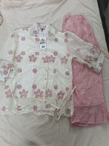 white and pink floral top cord set with tag