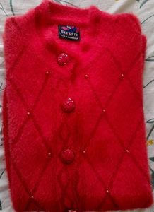 Red Fuzzy Button-Down Cardigan