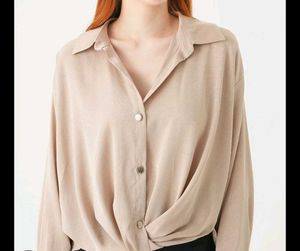 Chic Beige Button-Up Twist Front Shirt