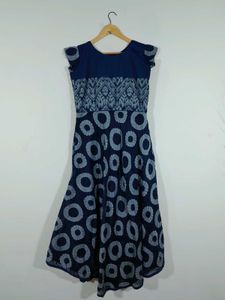 Navy Blue Printed Long A Line Kurta Women's