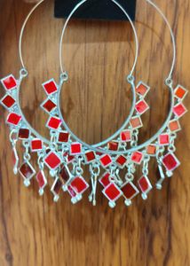 Bohemian Hoop Earrings with Red Embellishments
