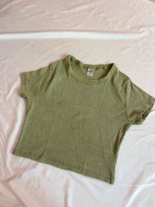 Olive Green Ribbed Cropped T-Shirt