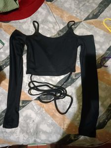 Black Ribbed Polo Neck Crop Top