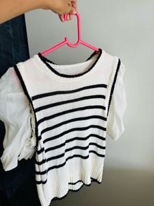 Chic Striped Knit Top with Puff Sleeves