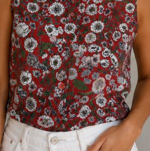 Red Floral Print Button-Up Blouse