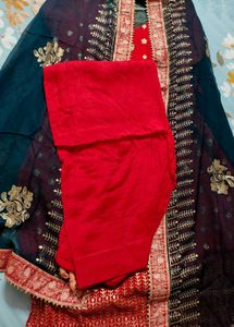 Elegant Red &amp; Teal Embroidered Salwar Kameez Set