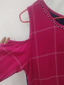 Pink Plaid Cold Shoulder Maxi Dress