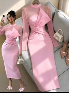 Elegant Pink Bodycon Dress with Mesh Neckline