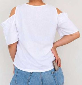 White Cold Shoulder Top with Plant Embroidery
