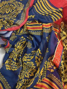 Vibrant Blue &amp; Red Printed Saree