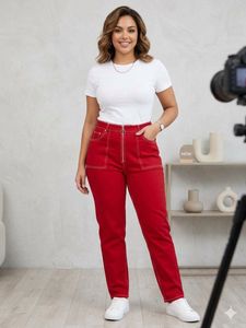 Red High-Waisted Zipper Jeans
