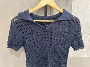 Navy Blue Crochet Polo Top