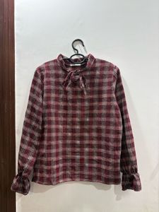 Korean Style Maroon Checkered Tie-Neck