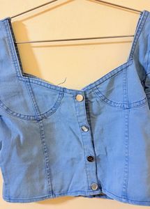 Light Blue Denim Puff Sleeve Bustier Top