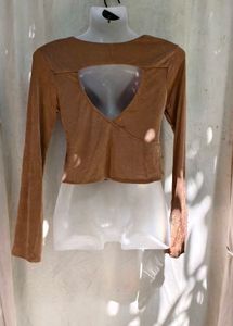 32279. Chic Brown Long Sleeve Plunge Neck Top