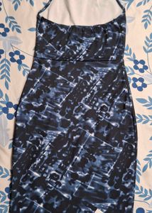 Blue Printed Halter Neck Tie-up Midi Dress