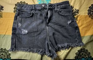 Distressed Black Denim Shorts