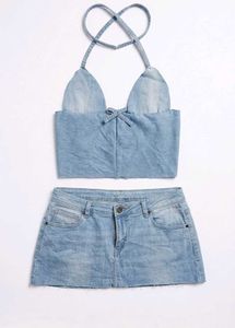 y2k Denim Crop Top & Skirt Set