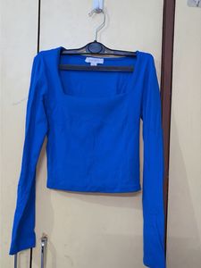 Blue Square Neck Long Sleeve Top