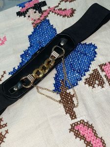 Chic Black Elastic Belt with Gold Chain Detail