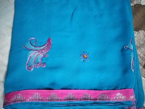 Blue &amp; Pink Embroidered Sari