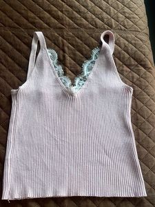 Pink Ribbed Cami with Lace Trim