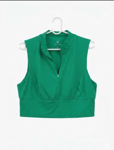 Green Ribbed Zip-Up Crop Top