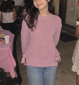 Pink Knit Sweater with Bow Details