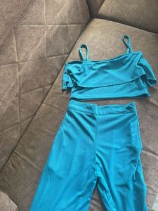 Teal Ruffled Crop Top & Wide Leg Pants Set