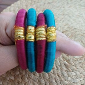 Set of 4 Silk Thread Bangles in Majenta n Blue