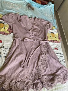 Lavender Wrap Dress with Lace Trim