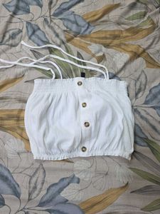 White Smocked Button-Up Crop Top